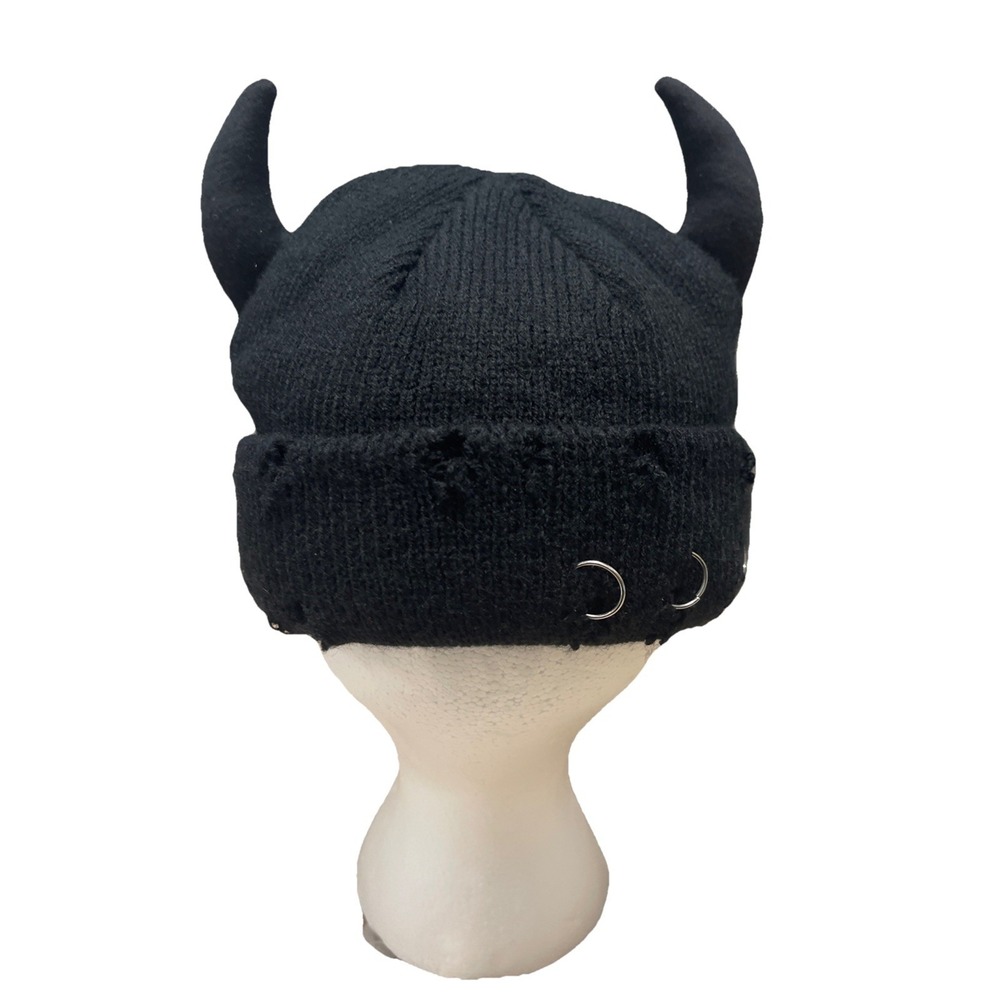New Fashion All Black Skull Beanie w/ Horns